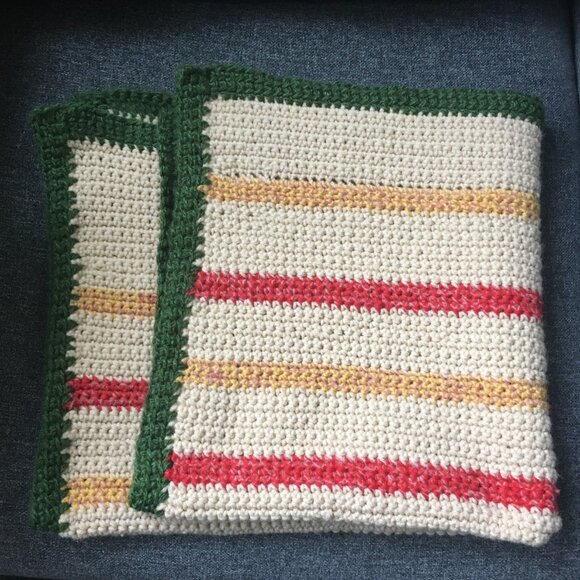 Hand Crocheted Square Cream Yellow Red Green Striped Mat Rug - Picture 1 of 16